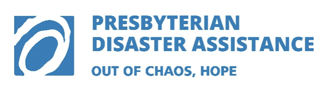 Blue and white logo for the Presbyterian Disaster Assistance, which helps with national, international and refugee disaster ministries.