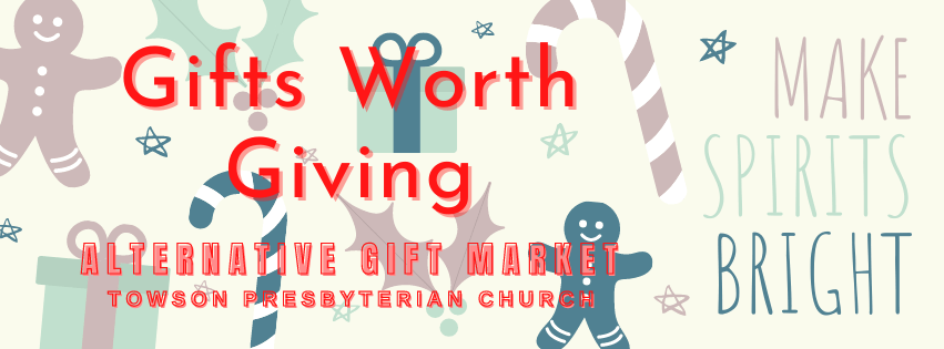 Towson Presbyterian Church's graphic for the Alternate Gift Market with animated Christmas icons in the back.