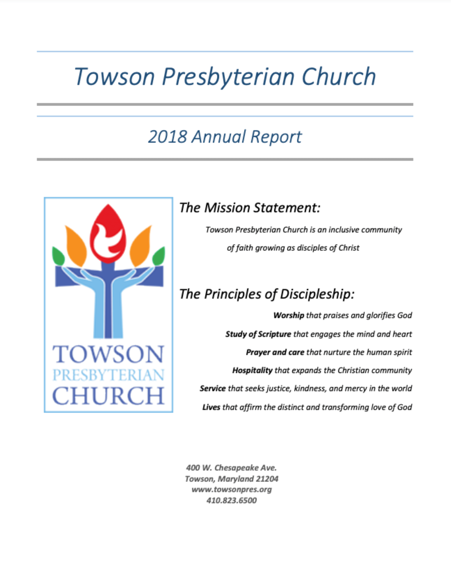 Infographic of the Towson Presbyterian Church 2018 Annual Report.