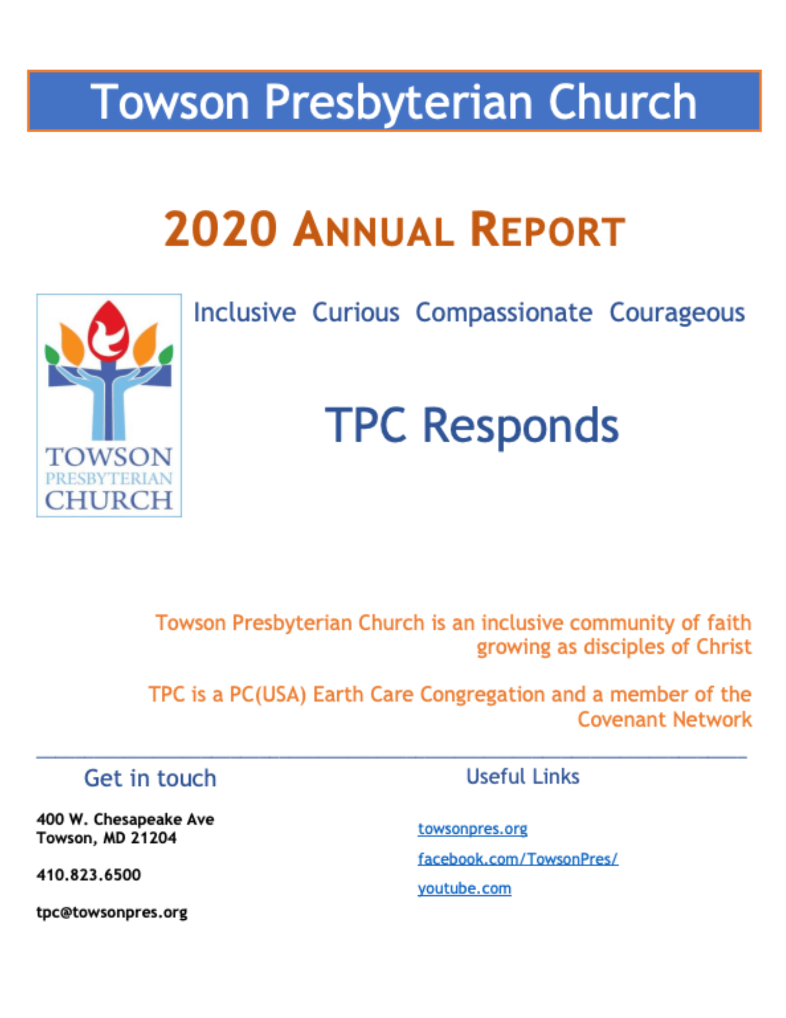 Infographic of the Towson Presbyterian Church 2020 Annual Report.
