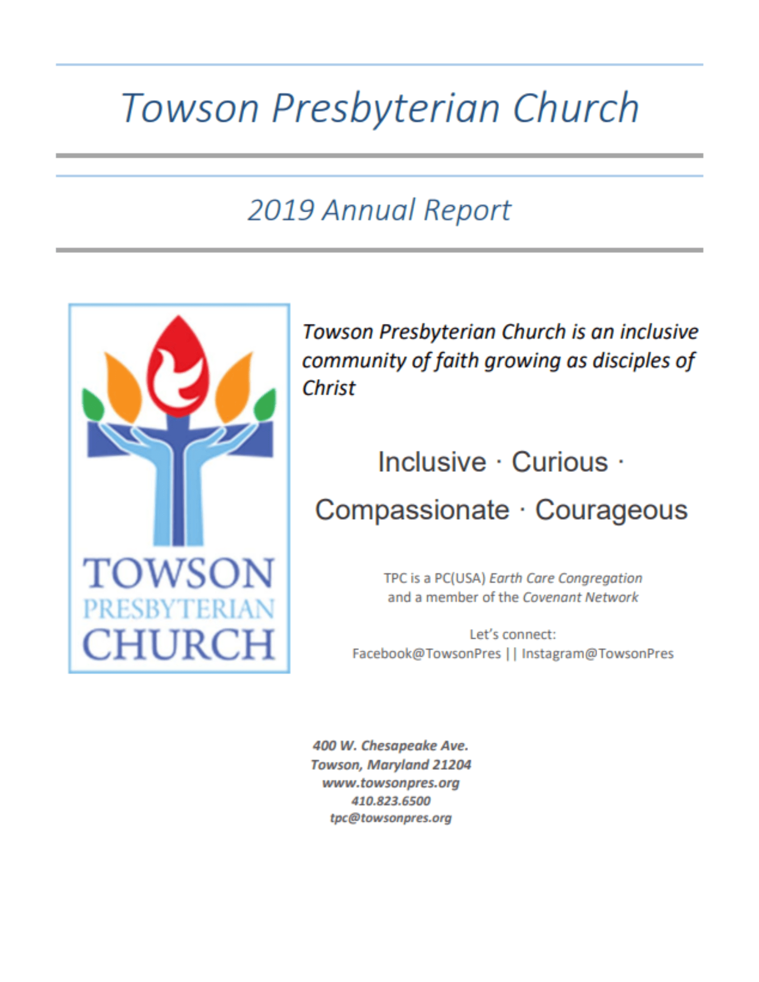 Infographic of the Towson Presbyterian Church 2019 Annual Report.