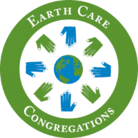 Graphic. It has a white background, a thick green circle in the middle that says "Earth Care" at the top of the circle and "congregations" at the bottom. In the middle of the circle there is a picture of the earth with green and blue hands creating a second circle.