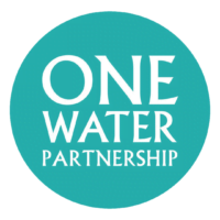 Turquoise circle that says "ONE WATER PARTNERSHIP" in it
